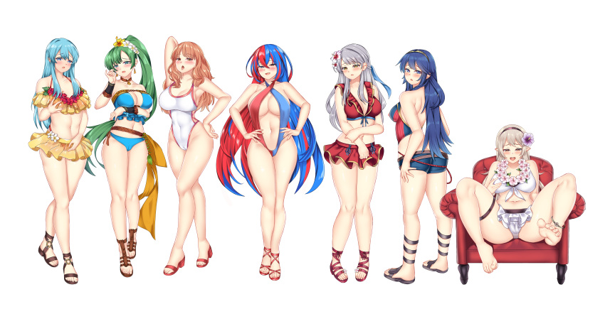 absurdres barefoot bikini blue_hair chair commission commissioner_upload fire_emblem fire_emblem:_radiant_dawn fire_emblem:_the_blazing_blade fire_emblem:_the_sacred_stones fire_emblem_awakening fire_emblem_echoes:_shadows_of_valentia fire_emblem_engage fire_emblem_fates green_hair highres multicolored_hair nabunabu non-web_source official_alternate_costume one-piece_swimsuit red_hair slingshot_swimsuit swimsuit white_hair