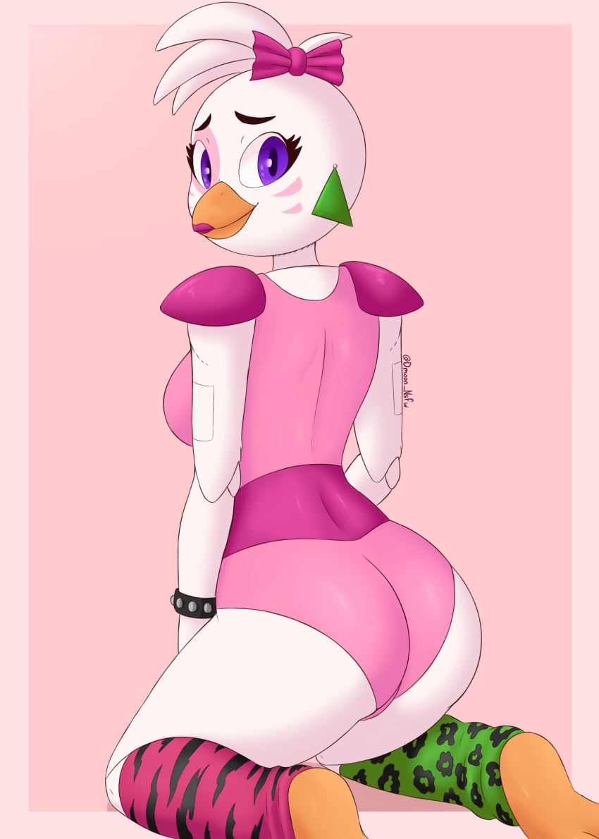 2023 absurd_res animatronic anthro avian beak big_breasts bird breasts butt chicken clothed clothing digital_media_(artwork) dmoon ear_piercing ear_ring female five_nights_at_freddy's five_nights_at_freddy's:_security_breach fur galliform gallus_(genus) glamrock_chica_(fnaf) hair hi_res lipstick looking_at_viewer machine makeup mammal phasianid piercing purple_eyes ring_piercing robot scottgames simple_background smile solo steel_wool_studios thick_thighs white_body white_fur