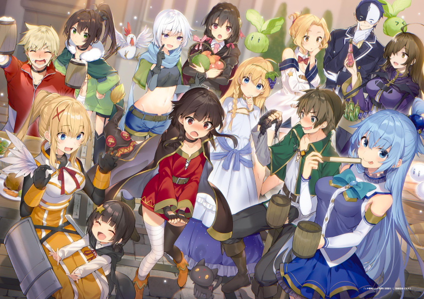 &gt;_&lt; 3boys :d :p ahoge alcohol aqua_(konosuba) armor bandaged_leg bandages beer beer_mug belt bird black_cape black_gloves black_hair black_panties black_shirt black_skirt black_suit black_thighhighs blonde_hair blue_eyes blue_hair blue_scarf blue_shorts blush bob_cut boots box braid bread breasts brown_belt brown_eyes brown_footwear brown_hair cabbage cape chicken chomusuke chris_(konosuba) closed_eyes crop_top cup darkness_(konosuba) dress dress_tug drink drunk dust_(konosuba) dutch_angle elbow_gloves embarrassed eris_(konosuba) everyone excited feathers fingerless_gloves flat_chest flying folding_fan food food-themed_hair_ornament formal fruit fur_trim furrowed_brow garter_straps gloves grape_hair_ornament green_cape green_dress green_eyes hair_ornament hair_over_one_eye hair_up hand_fan hand_on_own_cheek hand_on_own_chin hand_on_own_face hands_on_own_hips hat hat_removed headwear_removed highres holding holding_clothes holding_cup holding_drink holding_fan holding_food holding_fruit holding_panties holding_underwear iris_(konosuba) jacket komekko kono_subarashii_sekai_ni_shukufuku_wo! lean_(konosuba) long_dress long_hair looking_ahead looking_at_another looking_at_viewer luna_(konosuba) mask medium_breasts megumin melon midriff mishima_kurone mug multiple_boys multiple_girls off_shoulder official_art open_mouth panties pants plate ponytail potion purple_dress purple_eyes raised_eyebrows red_dress red_eyes red_jacket red_ribbon ribbon salad satou_kazuma scarf shirt short_dress short_hair shorts siblings side-tie_panties sidelocks single_braid single_thighhigh sisters skirt small_breasts smile star_(symbol) star_hair_ornament suit suit_jacket table thighhighs tongue tongue_out underwear vanir white_armor white_gloves white_hair white_shirt witch_hat wiz_(konosuba) x_hair_ornament yellow_dress yunyun_(konosuba)