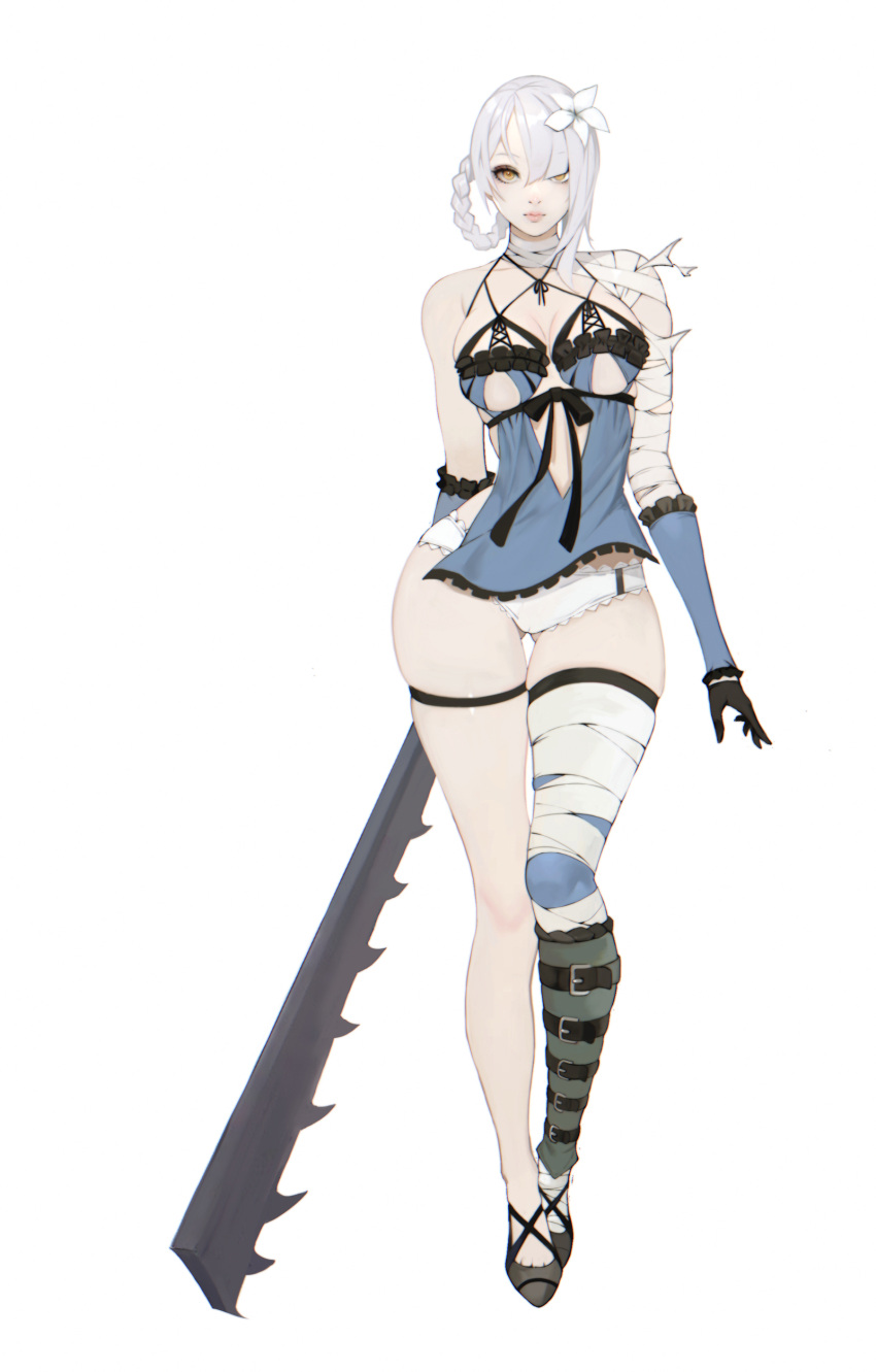 1girl absurdres ass_visible_through_thighs bandaged_leg bandages bare_shoulders bobobong braid breasts closed_mouth commentary_request flower frills full_body gloves hair_flower hair_ornament hair_over_one_eye highres jagged_sword kaine_(nier) lips long_hair lunar_tear medium_breasts negligee nier nier_(series) panties shoes simple_background sword thigh_strap thighs underwear weapon white_background white_hair yellow_eyes