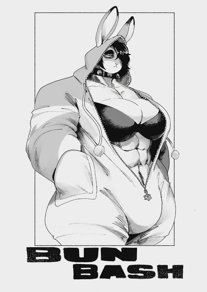 2023 5_fingers abs anthro arm_wraps big_breasts big_ears big_muscles black_and_white black_eyeshadow black_text breasts capcom clothed clothing collar comic digital_media_(artwork) english_text eyebrows eyeshadow fingerless_gloves fingers fur gloves gynomorph hair handwear hare hi_res hoodie huge_breasts intersex juri juri_han lagomorph leporid makeup mammal monochrome monotone_background multicolored_body multicolored_fur muscular muscular_gynomorph muscular_intersex muscular_thighs onesie onesie_open patreon peculiart rabbit ruth_(peculiart) simple_background skimpy small_head solo sportswear spots street_fighter text thick_thighs topwear two_tone_body two_tone_fur white_background wraps