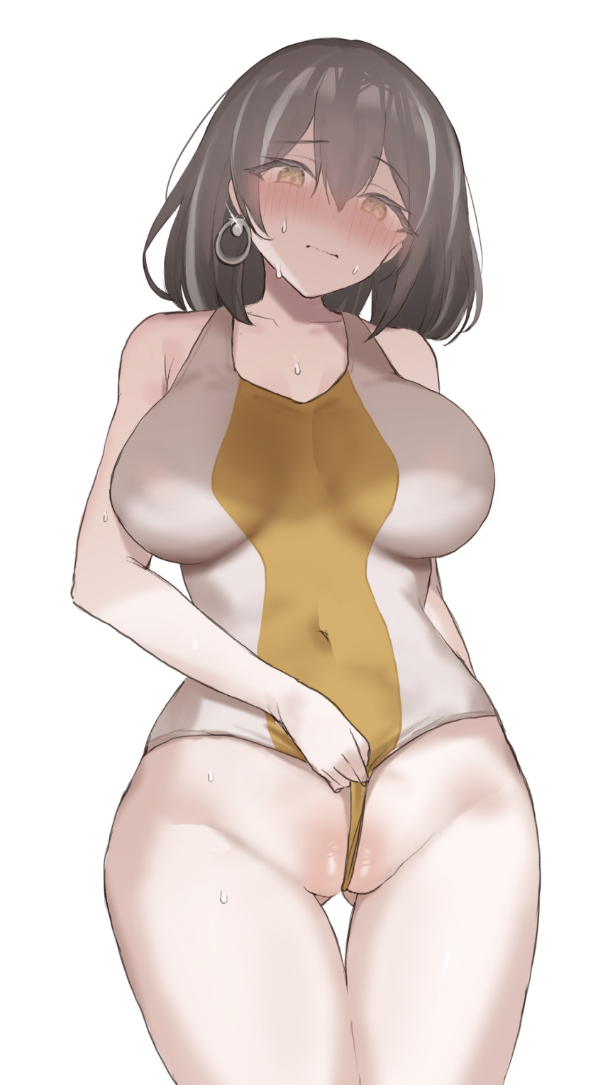 1girl arknights ass_visible_through_thighs blush breasts brown_eyes brown_hair closed_mouth clothes_lift collarbone covered_navel cowboy_shot earrings embarrassed grey_hair highres jewelry large_breasts lifted_by_self looking_at_viewer magallan_(arknights) multicolored_hair nose_blush one-piece_swimsuit otsumami_(02mami) partially_visible_vulva short_hair simple_background solo streaked_hair sweat swimsuit swimsuit_lift thigh_gap two-tone_hair two-tone_swimsuit wedgie white_background white_one-piece_swimsuit yellow_one-piece_swimsuit