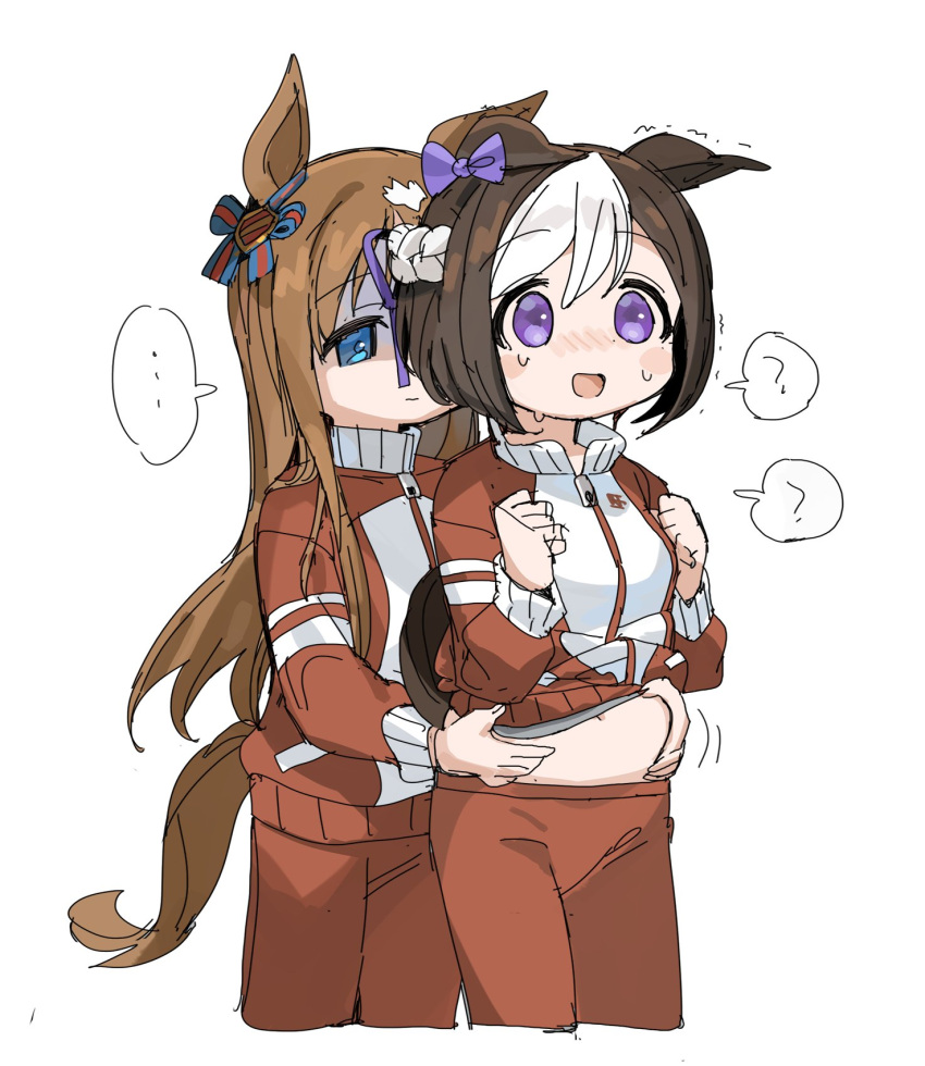 ... 2girls ? animal_ears big_belly blue_eyes blush blush_stickers brown_hair clenched_hands closed_mouth cropped_legs ears_down grass_wonder_(umamusume) hands_on_another's_stomach highres horse_ears horse_girl horse_tail jacket long_hair long_sleeves motion_lines multicolored_hair multiple_girls navel nose_blush open_clothes open_jacket open_mouth pants purple_eyes red_jacket red_pants shaded_face short_hair spawnfoxy special_week_(umamusume) spoken_ellipsis spoken_question_mark sweat tail trembling two-tone_hair umamusume