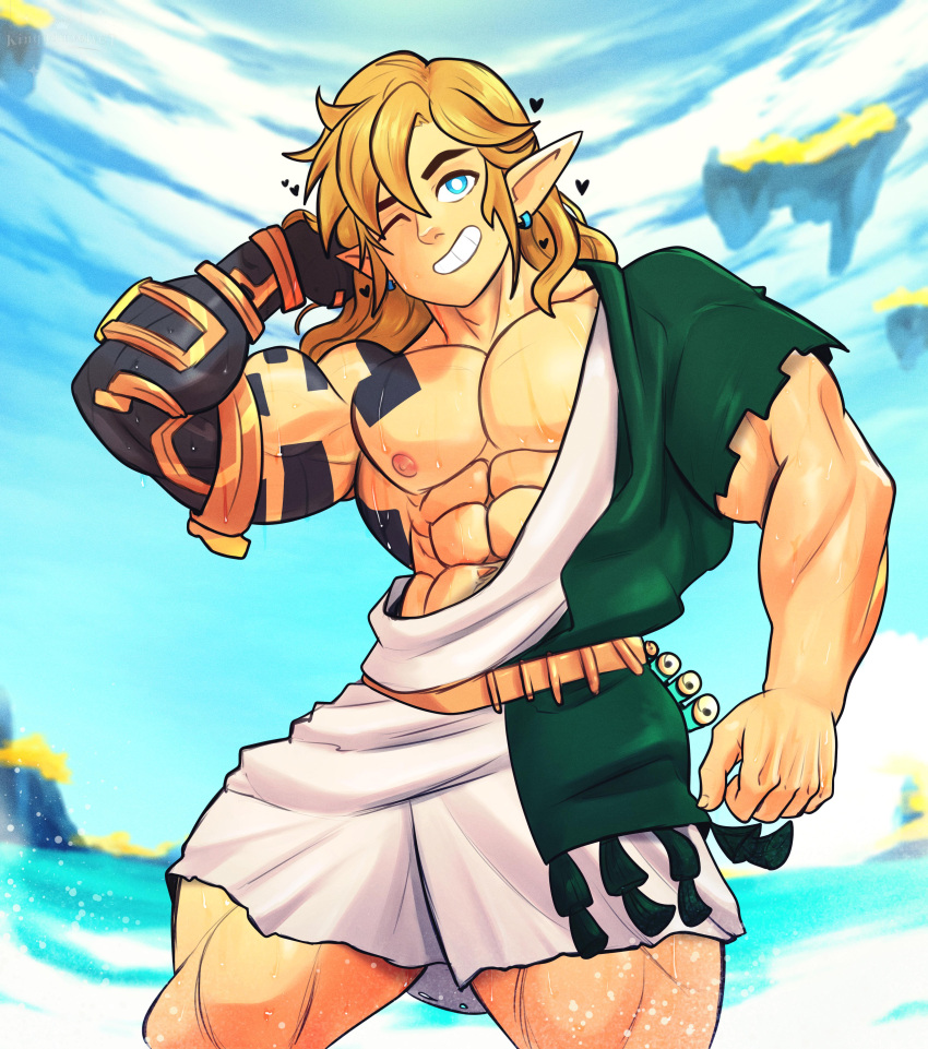 5_fingers abs absurd_res areola blue_eyes eyebrows fingers hair hi_res humanoid humanoid_pointy_ears hylian kingdomvelvet link male muscular muscular_humanoid muscular_male nintendo nipples not_furry pecs rauru's_arm smile solo tears_of_the_kingdom the_legend_of_zelda