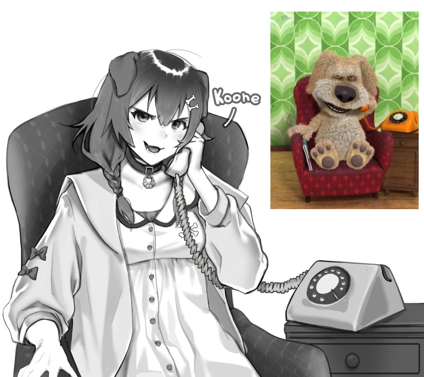 1girl aa2mee animal_connection animal_ears antique_phone black_collar black_eyes bone_hair_ornament braid cartoon_bone collar dog_ears dog_girl double-parted_bangs dress english_commentary greyscale hair_between_eyes hair_ornament highres holding holding_phone hololive inugami_korone inugami_korone_(1st_costume) jacket looking_at_viewer low_twin_braids monochrome on_chair phone photo-referenced reference_photo simple_background sitting talking_on_phone twin_braids upper_body virtual_youtuber white_background white_dress white_jacket