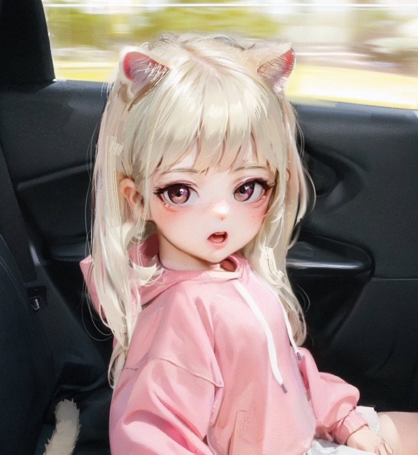 1girl animal_ear_fluff animal_ears blonde_hair borrowed_character brown_eyes car_interior cat_ears cat_girl cat_tail from_side highres hood hoodie long_hair looking_at_viewer open_mouth original parfait_(hawawa) pink_hoodie pink_shirt shirt sitting skirt solo sweetonedollar tail upper_body white_skirt window