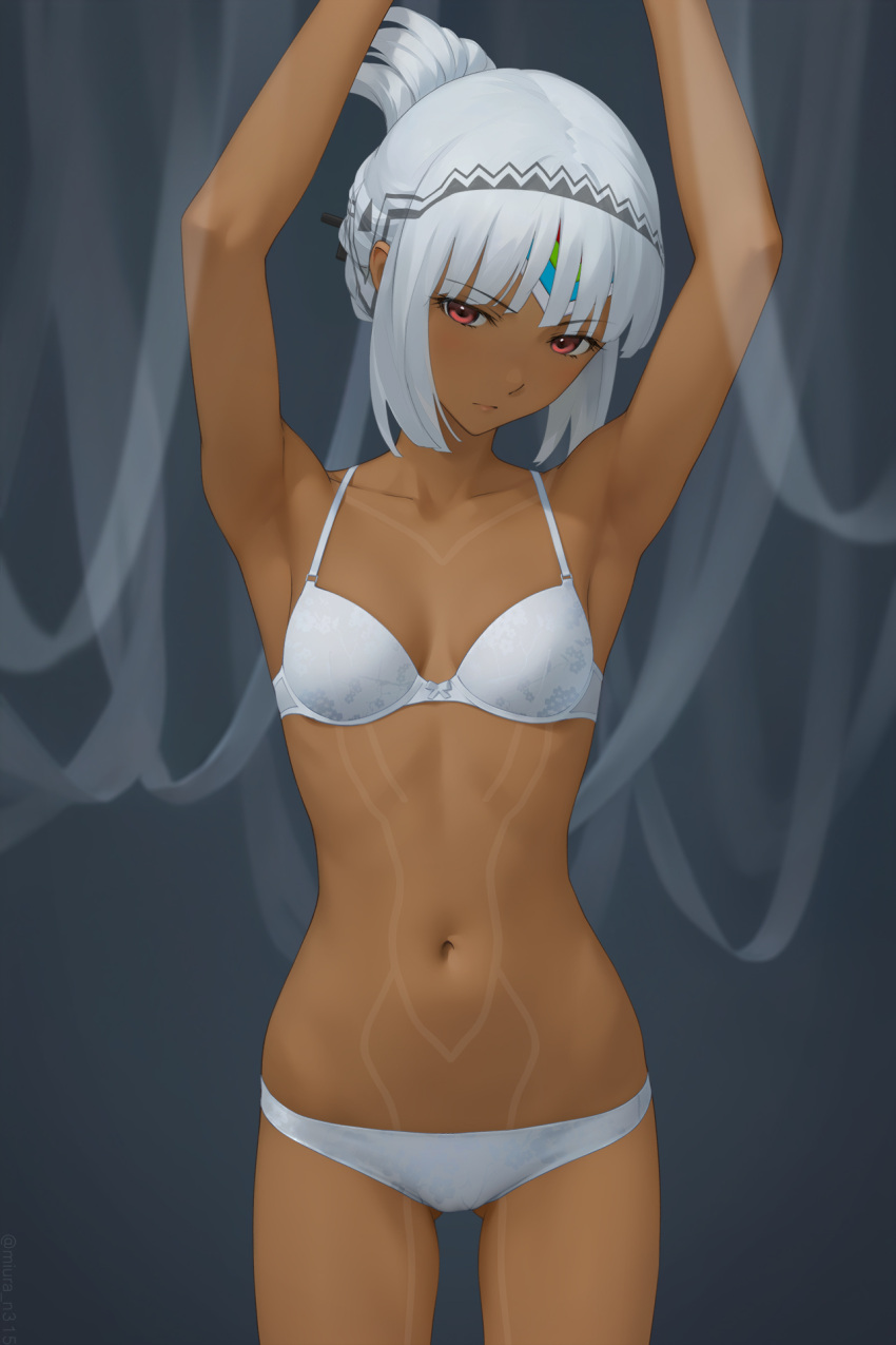 1girl altera_(fate) alternate_costume alternate_hairstyle armpits arms_up bra breasts closed_mouth collarbone commentary dark-skinned_female dark_skin fate/extella fate/extra fate/grand_order fate_(series) highres looking_at_viewer medium_breasts miura-n315 navel panties red_eyes short_hair solo stomach stomach_tattoo tattoo underwear white_bra white_hair white_panties