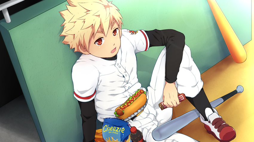 1boy against_wall bacchikoi! baseball_bat baseball_uniform black_sleeves black_socks blonde_hair chewing collaboration foot_out_of_frame hot_dog indoors male_focus mazjojo mikkoukun non-web_source on_floor open_mouth pants red_eyes red_footwear shirt socks soda_bottle solo sportswear white_pants white_shirt yanai_ichiru zamius