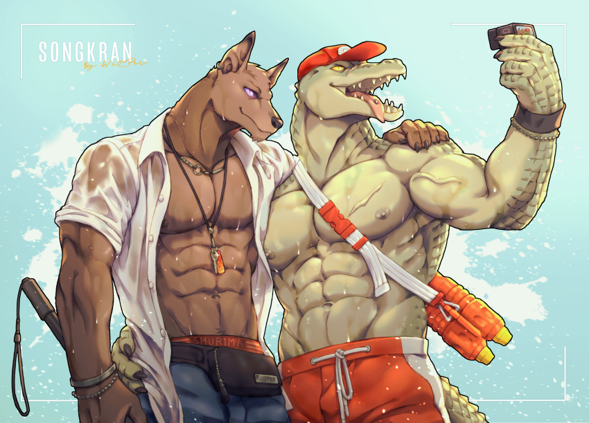 absurd_res anthro anubian_jackal bottomwear canid canine canis clothed clothing crocodile crocodilian crocodylid duo fur hi_res humanoid jackal league_of_legends male mammal muscular muscular_anthro muscular_male nasus_(lol) nipples pants pecs renekton reptile riot_games scalie smile tongue tongue_out vein veiny_muscles wizper_baobao