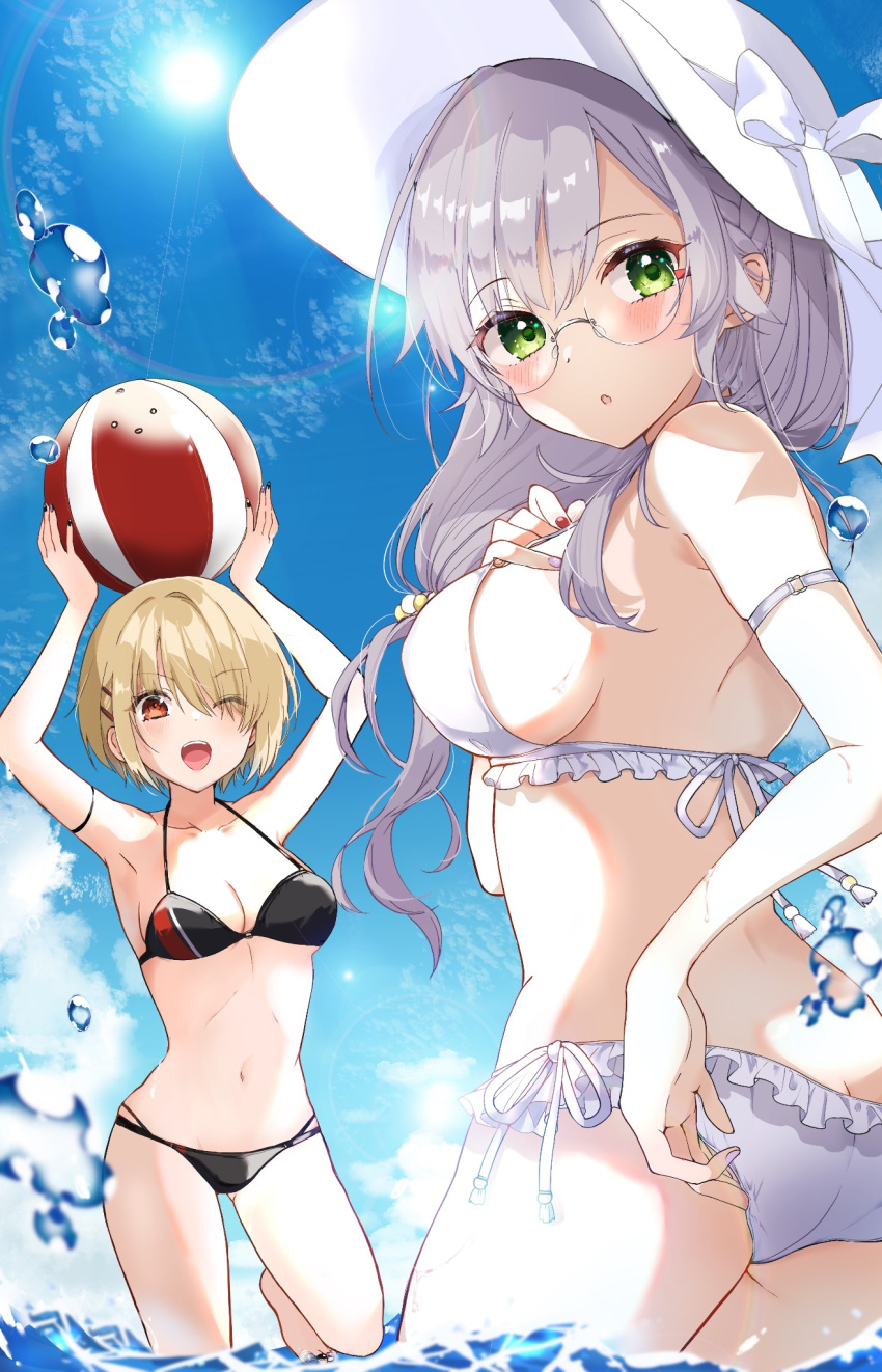 ball beachball bikini black_bikini blonde_hair blue_sky blush breasts day green_eyes grey_hair hair_over_one_eye heaven_burns_red highres izumi_yuki_(heaven_burns_red) k_i49 kayamori_ruka large_breasts long_hair ocean outdoors red_eyes sky swimsuit volleyball white_headwear white_swimsuit