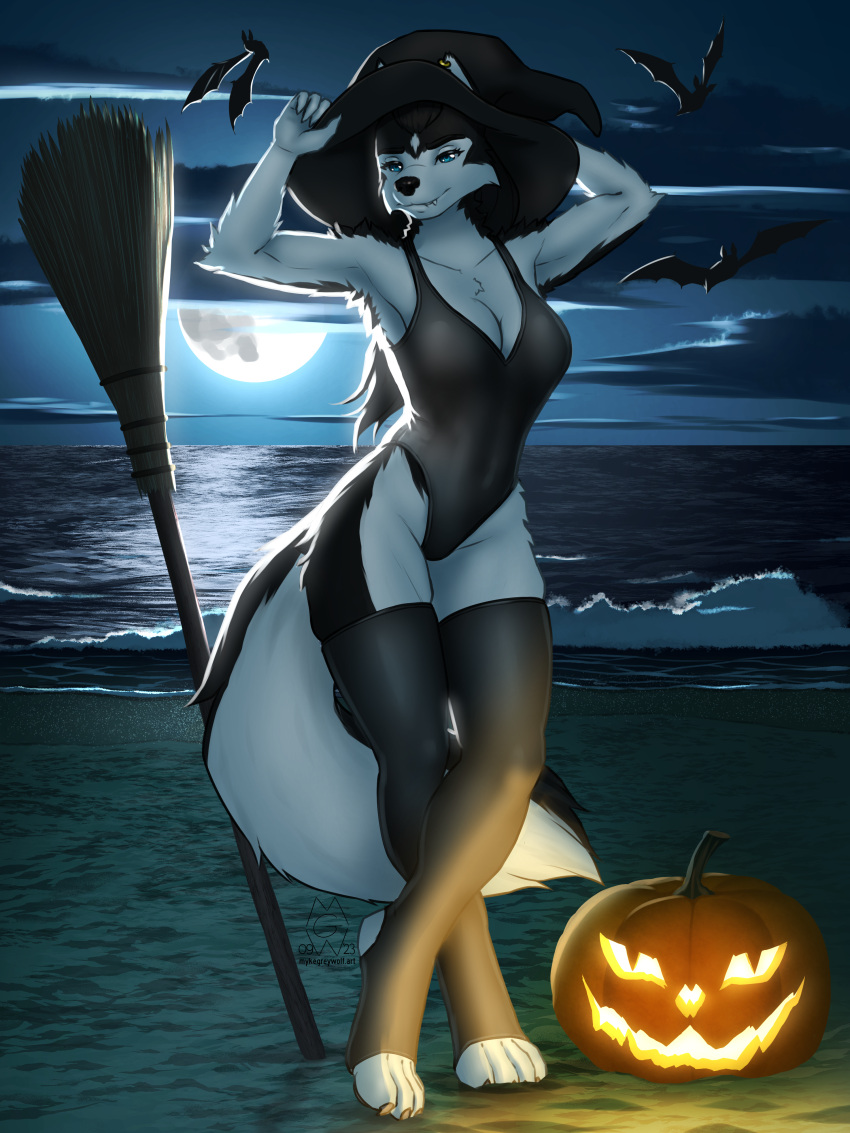 2023 4_toes 5_fingers absurd_res ambient_bat anthro bat beach black_body black_fur black_hair black_nose breasts broom canid canine canis claws cleaning_tool cleavage clothed clothing fangs feet female fingers full_moon fur hair halloween hat headgear headwear hi_res hindpaw holidays humanoid_hands jack-o'-lantern legwear magic_user mammal moon multicolored_body multicolored_fur mykegreywolf one-piece_swimsuit outside paws sea seaside smile solo standing stockings swimwear teeth toe_claws toes two_tone_body two_tone_fur water white_body white_fur witch witch_hat wolf