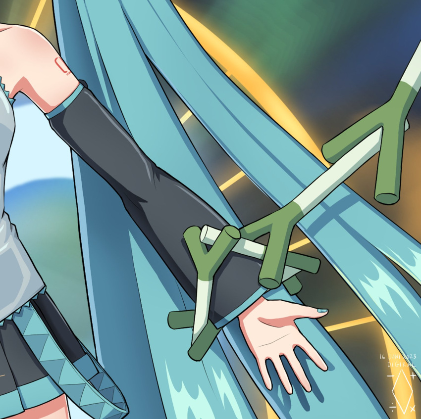 1girl aqua_hair aqua_nails artist_logo black_skirt black_sleeves chain chained close-up commentary dated detached_sleeves digiral english_commentary exodia_the_forbidden_one glowing grey_skirt hatsune_miku highres long_hair magic_circle miniskirt nail_polish out_of_frame outstretched_hand parody pleated_skirt shirt shoulder_blush shoulder_tattoo skindentation skirt sleeveless sleeveless_shirt solo spring_onion tattoo very_long_hair vocaloid yu-gi-oh!