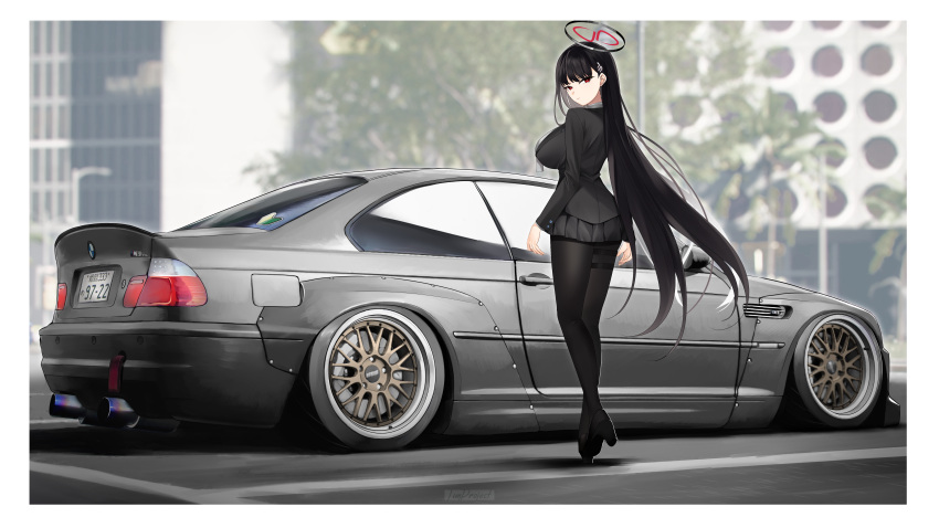 1girl absurdres black_footwear black_hair black_pantyhose black_skirt black_suit blue_archive blunt_bangs bmw bmw_m3 breasts bright_pupils car formal full_body hair_ornament hairclip halo high_heels highres jun_project large_breasts long_hair long_sleeves miniskirt motor_vehicle pantyhose pleated_skirt red_eyes rio_(blue_archive) skirt solo standing suit very_long_hair