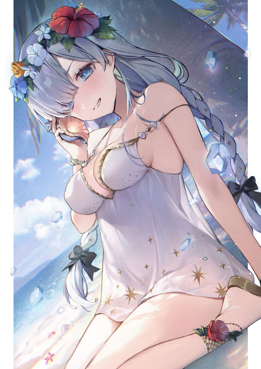 1girl absurdres anastasia_(fate) anastasia_(swimsuit_archer)_(fate) anastasia_(swimsuit_archer)_(second_ascension)_(fate) bare_shoulders beach blue_eyes blue_sky blush bow braid breasts cleavage collarbone dress dress_swimsuit fate/grand_order fate_(series) flower_wreath grin hair_bow hair_over_one_eye head_wreath highres large_breasts long_hair looking_at_viewer palm_tree revision sandals seashell shell shore sitting sky smile solo thighs tree twin_braids very_long_hair vivi_(eve_no_hakoniwa) wariza white_dress white_hair