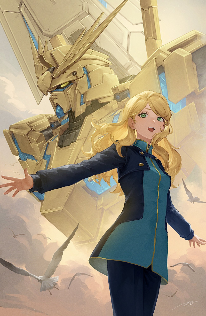 1girl bird blonde_hair cloud cowboy_shot dress from_below green_eyes gundam gundam_narrative highres kouzuki_kei leggings long_hair mecha open_mouth outstretched_arms rita_bernal robot seagull solo unicorn_gundam_phenex