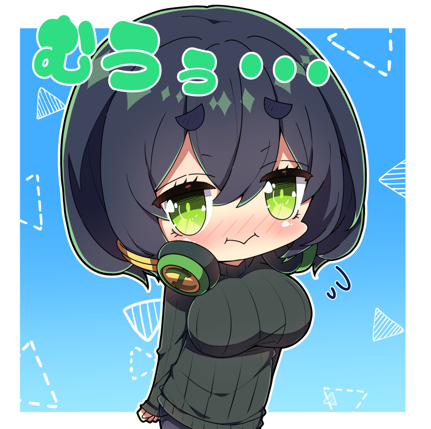 1girl :i absurdres arm_behind_back black_hair black_sweater blue_background blush breasts closed_mouth commentary_request dotted_line flying_sweatdrops green_eyes hair_between_eyes headphones headphones_around_neck highres kyoumachi_seika large_breasts long_sleeves looking_at_viewer milkpanda nose_blush ribbed_sweater short_eyebrows sleeves_past_wrists solo sweater thick_eyebrows translation_request voiceroid