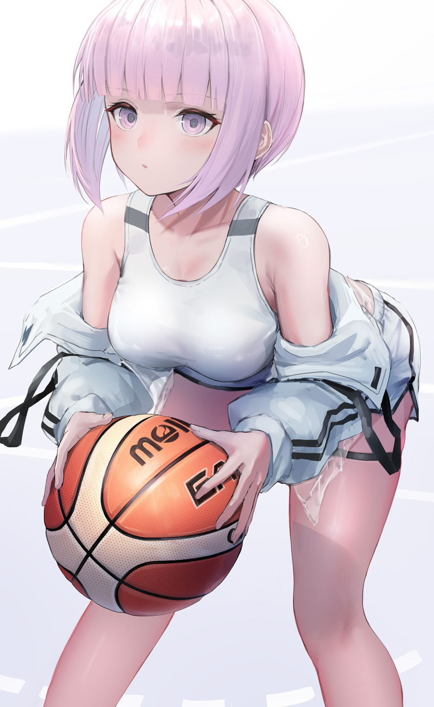 1girl ball bare_shoulders basketball bent_over blunt_bangs breasts commentary feet_out_of_frame highres holding holding_ball medium_breasts off_shoulder original parted_lips pink_hair purple_eyes short_hair short_shorts shorts solo standing sthk thigh_strap thighs white_shorts