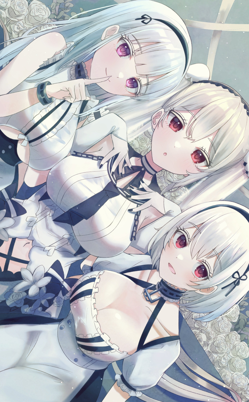 3girls absurdres azur_lane black_nails blush bracelet breasts breasts_day bridal_gauntlets choker cleavage clothing_cutout collarbone colored_eyelashes dido_(azur_lane) dress finger_to_mouth flower formidable_(azur_lane) formidable_(timeless_classics)_(azur_lane) hands_on_own_chest highres jewelry junineu large_breasts long_hair looking_at_viewer maid maid_headdress multiple_girls nail navel navel_cutout official_alternate_costume purple_eyes red_eyes ribbon rose short_hair sirius_(azur_lane) sky star_(sky) starry_sky twintails underboob underboob_cutout white_dress white_flower white_hair white_rose window