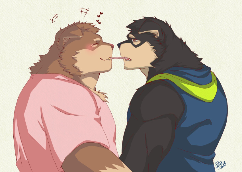 2boys ^_^ bara black_fur blush brown_fur closed_eyes dog_boy eating food_in_mouth from_side furry furry_male furry_with_furry happy highres hood hood_down large_pectorals looking_at_another loving_aura male_focus mature_male multiple_boys muscular muscular_male original pectorals pink_shirt pocky_day pocky_in_mouth shiriya_k shirt short_hair sleeveless sleeveless_jacket upper_body yaoi