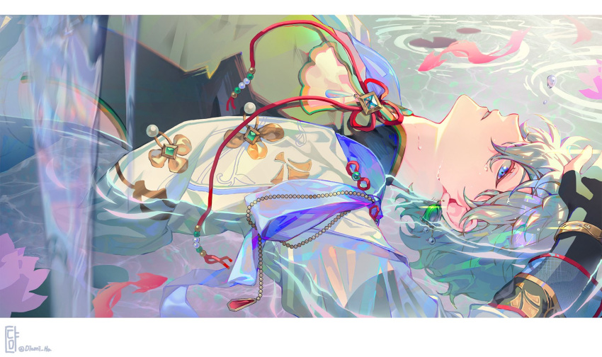 1boy bishounen blue_eyes blue_hair chain diami flower flower_knot highres jade_(gemstone) koi lotus lying male_focus original partially_submerged partially_underwater_shot profile short_hair solo traditional_clothes wading water