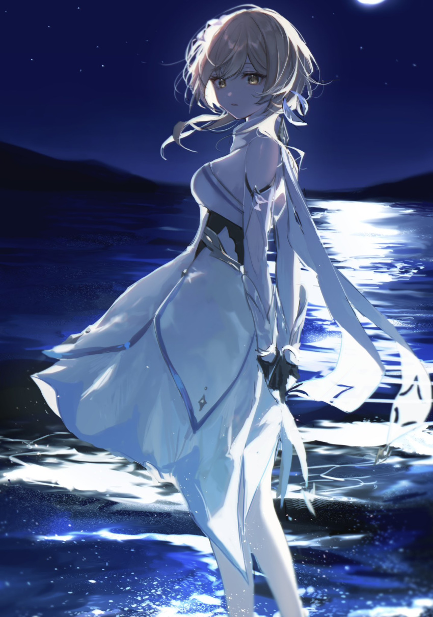 1girl arms_behind_back black_gloves blonde_hair breasts dress flower genshin_impact gloves hair_flower hair_ornament highres looking_at_viewer lumine_(genshin_impact) medium_breasts moonlight night night_sky ocean outdoors own_hands_together parted_lips short_hair_with_long_locks sky solo standing star_(sky) thighhighs umnume water white_dress white_flower white_thighhighs yellow_eyes