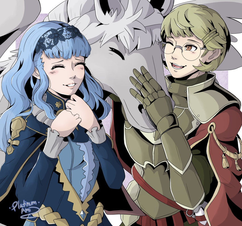 1boy 1girl armor blue_hair brown_eyes closed_eyes fire_emblem fire_emblem:_three_houses fire_emblem_warriors:_three_hopes green_hair highres ignatz_victor marianne_von_edmund one_eye_closed open_mouth pegasus platinum_ami smile upper_body