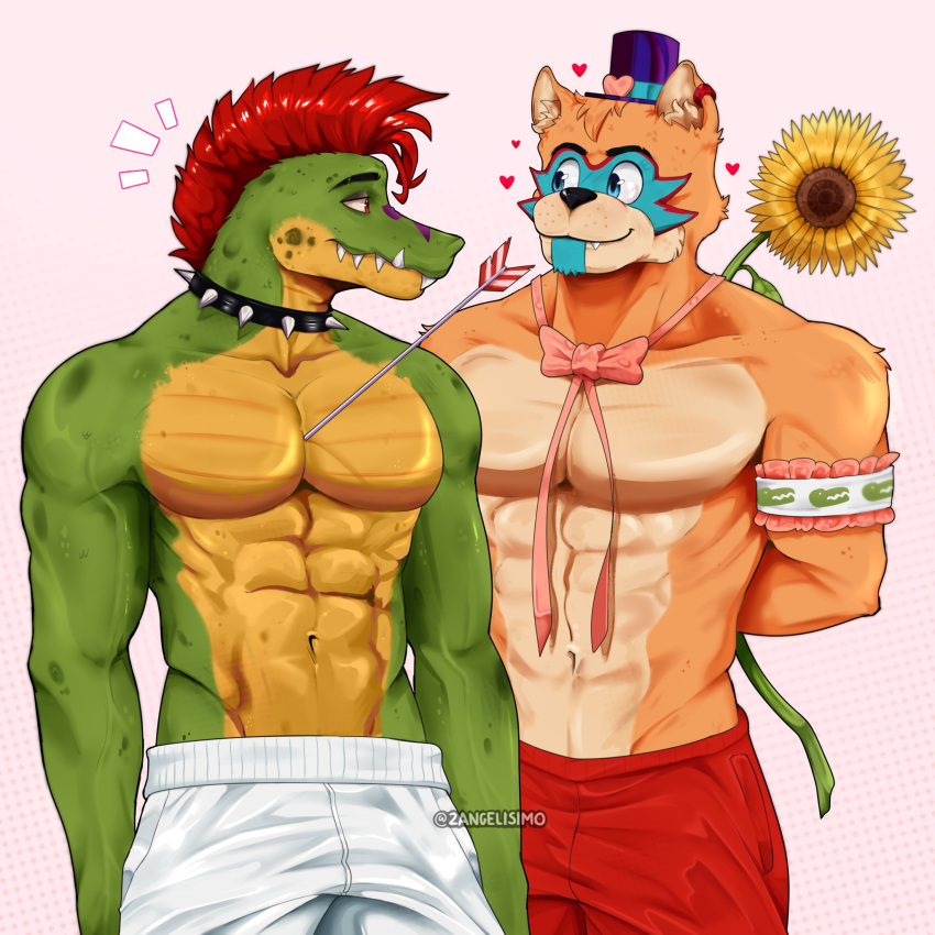 2angelisimo abs anthro arrow_(weapon) biceps duo feral five_nights_at_freddy's five_nights_at_freddy's:_security_breach flower glamrock_freddy_(fnaf) hi_res humanoid male male/male montgomery_gator_(fnaf) muscular muscular_male obliques pecs plant ranged_weapon ribs scottgames serratus steel_wool_studios sunflower triceps weapon