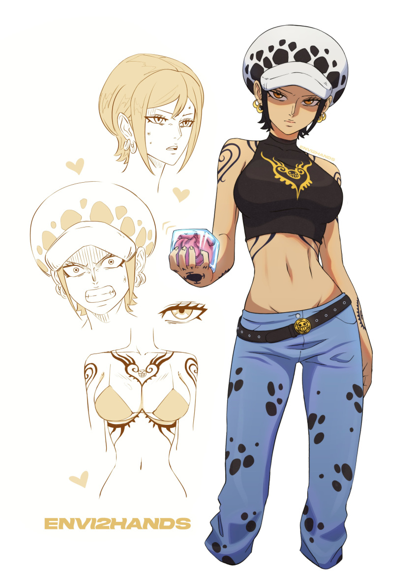 1girl absurdres angry arm_tattoo bikini black_hair black_shirt breasts earrings envi2hands genderswap genderswap_(mtf) hat heart highres holding holding_heart jewelry midriff one_piece orange_eyes shirt short_hair sweat swimsuit tattoo trafalgar_law