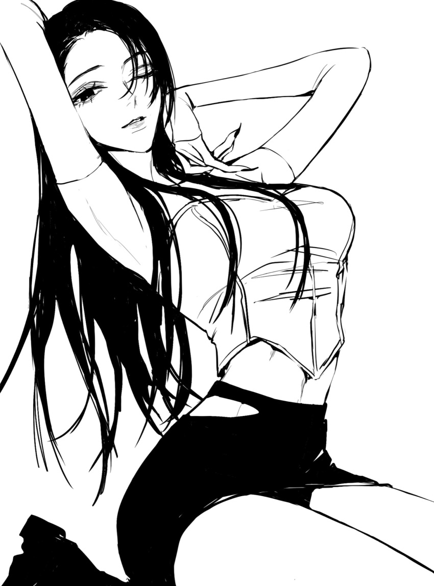 1girl black_footwear boots breasts greyscale highres long_hair looking_at_viewer medium_breasts midriff_peek monochrome navel one_eye_closed original parted_lips shorts smile solo stretching teeniika very_long_hair waist_cutout white_background