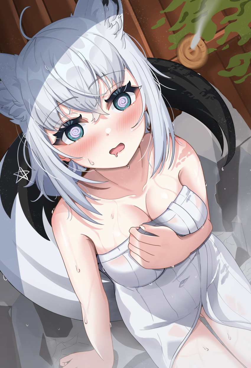 1girl @_@ ahoge animal_ear_fluff animal_ears blush breasts cleavage commentary_request earrings fox_ears fox_girl fox_tail from_above green_eyes hair_between_eyes highres hitanirin hololive jewelry long_hair looking_at_viewer medium_breasts naked_towel onsen open_mouth pentagram shirakami_fubuki sidelocks sitting solo tail towel virtual_youtuber wet white_hair