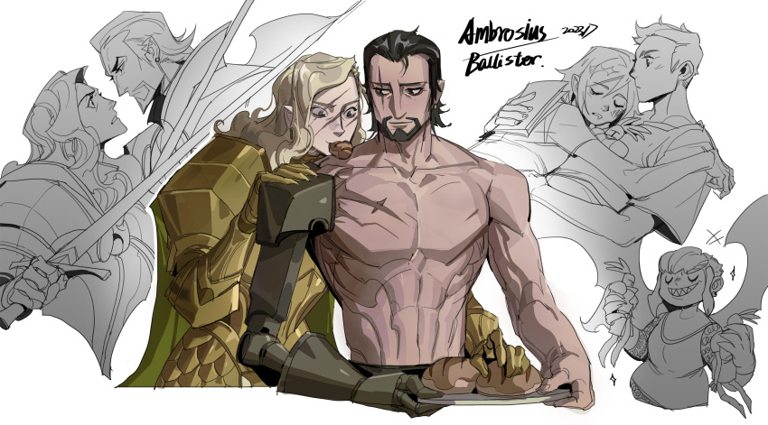 1girl 2boys abs absurdres ambrosius_goldenloin ashthepenguin ballister_boldheart bara black_hair blonde_hair couple dark-skinned_male dark_skin eye_contact facial_hair goatee head_on_another's_shoulder highres large_pectorals looking_at_another male_focus mature_male mechanical_arms multiple_boys muscular muscular_male mustache nimona nimona_(character) partially_colored pectorals scar scar_across_eye short_hair single_mechanical_arm smile topless_male undercut yaoi