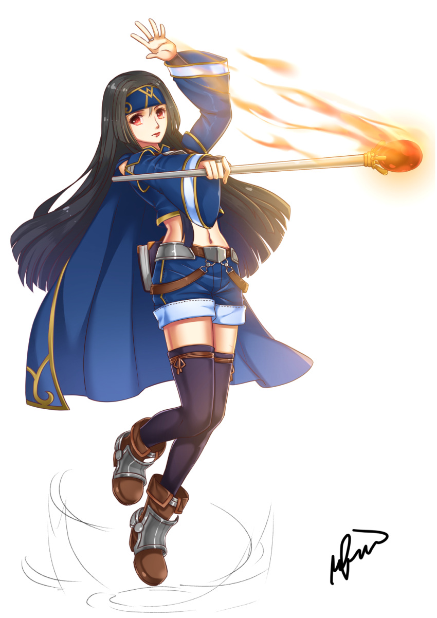 1girl arm_up belt black_hair black_thighhighs blue_cape blue_headband blue_shirt blue_shorts blue_sleeves boots brown_belt brown_footwear cape closed_mouth commentary crop_top detached_sleeves english_commentary expressionless fire full_body headband highres holding holding_staff long_hair looking_at_viewer magic midriff navel original red_eyes riabels shirt shorts shorts_rolled_up signature simple_background solo staff thighhighs white_background