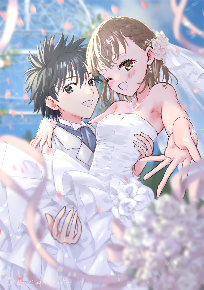 1boy 1girl :d arm_around_neck armpits artist_name ascot ayuko_(ayuko54bornthisway) bare_shoulders black_eyes black_hair blue_ascot blue_sky blurry blurry_background bob_cut bouquet braid breasts bridal_veil bride brown_eyes brown_hair carrying cloud commentary commission couple depth_of_field dress dress_shirt earrings flower foreshortening formal french_braid grin groom hair_flower hair_ornament hand_on_another's_back hand_on_another's_leg hand_on_another's_shoulder hetero highres jacket jewelry kamijou_touma looking_at_viewer misaka_mikoto necklace one_eye_closed open_mouth outdoors parted_lips pink_flower pink_ribbon pixiv_commission princess_carry reaching reaching_towards_viewer ribbon shirt short_hair signature sky small_breasts smile spiked_hair strapless strapless_dress streamers suit suit_jacket throwing toaru_kagaku_no_railgun toaru_majutsu_no_index veil wedding wedding_dress white_dress white_flower white_jacket white_shirt