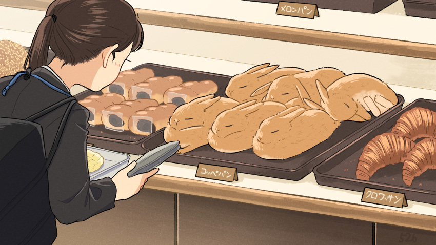 animal-themed_food bag bakery black_jacket bread_bun brown_hair croissant display facing_away food from_behind hair_behind_ear hair_tie highres holding holding_tongs holding_tray jacket kojiro337 long_bangs long_hair long_sleeves original ponytail school_bag shop shoulder_bag sign tray upper_body