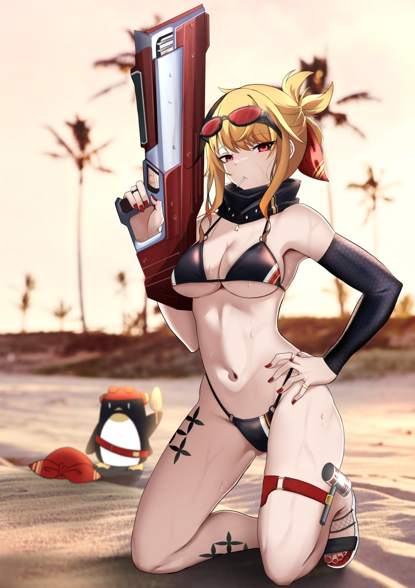 1girl absurdres alternate_costume bare_shoulders beach bikini black_bikini blonde_hair blush breasts earrings eyewear_on_head highres hololive hololive_indonesia jewelry kaela_kovalskia large_breasts long_hair looking_at_viewer medium_hair navel raikkonen red-tinted_eyewear red_eyes smile solo sunglasses swimsuit thighs tinted_eyewear virtual_youtuber