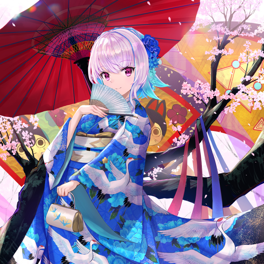 absurdres ange_katrina animal_print aqua_hair bag bird bird_print blue_flower blue_kimono blue_ribbon cherry_blossoms commentary_request crane_(animal) dog_print falling_petals flower folding_fan hair_flower hair_ornament hand_fan handbag highres holding holding_bag inui_toko japanese_clothes kimono lize_helesta looking_at_viewer multicolored_hair n3knp nijisanji obi oil-paper_umbrella petals purple_eyes purple_ribbon red_ribbon red_umbrella ribbon sanbaka_(nijisanji) sash smile swept_bangs tree triforce_print umbrella virtual_youtuber white_hair yellow_sash