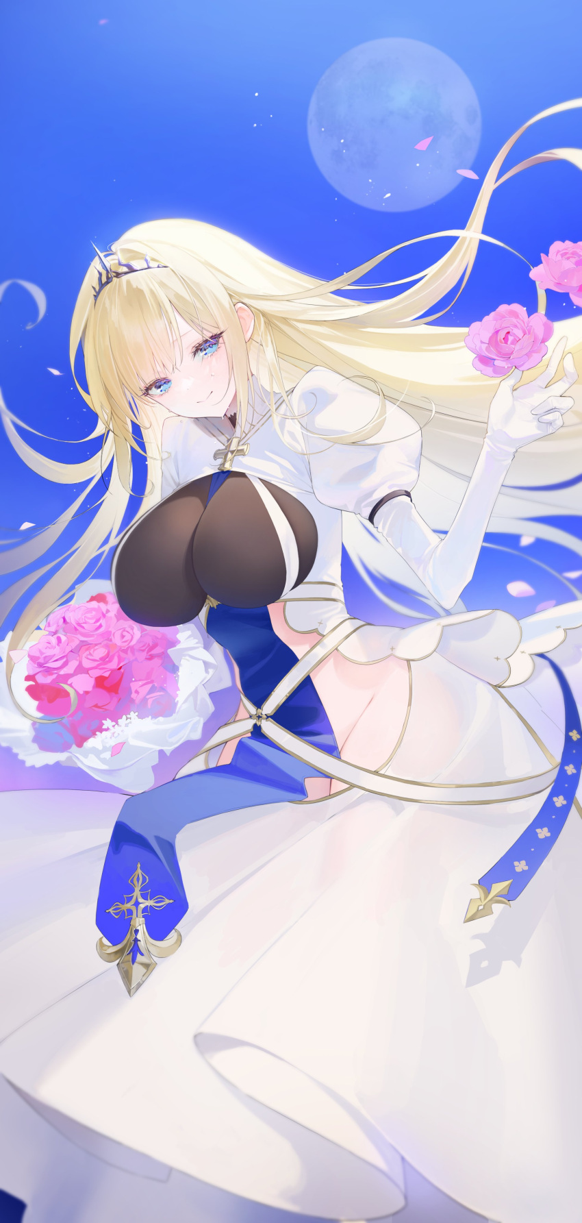1girl absurdres azur_lane blonde_hair blue_eyes blue_sky bouquet breasts closed_mouth cross dress flower framed_breasts groin highres holding holding_bouquet large_breasts long_hair long_sleeves looking_at_viewer moon no_panties oyabuli painleve_(azur_lane) pelvic_curtain petals pink_flower pink_rose puffy_sleeves revealing_clothes rose sky smile solo tiara white_dress