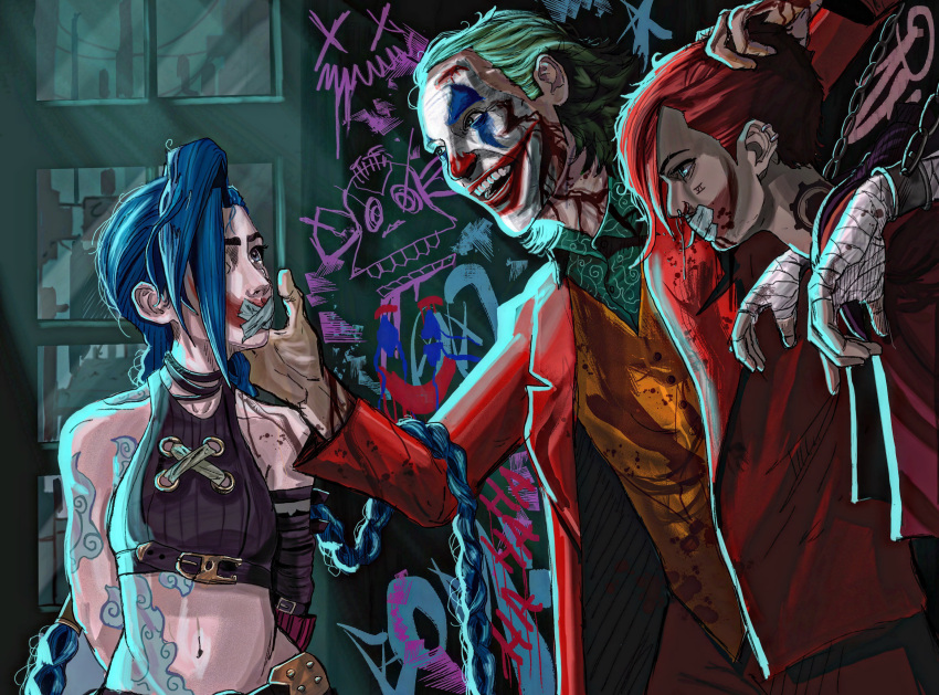 1boy 2girls arcane:_league_of_legends arcane_jinx arcane_vi arm_tattoo arms_behind_back arms_up batuhu bdsm blood blood_on_face blood_on_hands blue_hair bondage bound bound_wrists braid captivity chain chained chest_tattoo clown crossover facepaint facial_tattoo formal graffiti green_hair hair_over_one_eye hand_wraps highres jacket jinx_(league_of_legends) joker_(2019) joker_(dc) league_of_legends long_hair midriff multiple_girls neck_tattoo open_clothes open_jacket red_hair red_suit short_hair shoulder_tattoo stomach_tattoo suit tattoo tears tears_from_one_eye twin_braids vi_(league_of_legends) wrist_cuffs