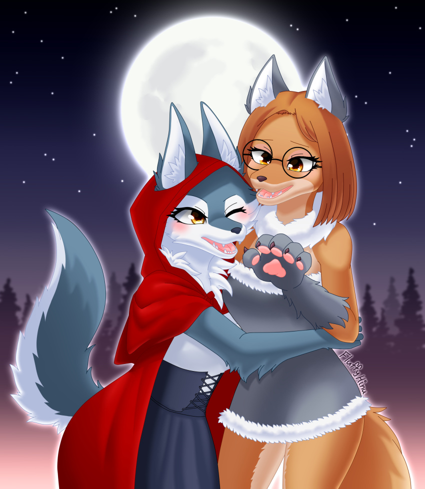 anthro blush brown_body brown_hair brown_tail canid canine canis clothed clothing domestic_dog duo embrace eyewear fairy_tales female female/female fluffy_hinu fur glasses grey_body grey_fur grey_tail hair halloween hi_res holidays hug illumination_entertainment little_red_riding_hood_(copyright) mammal orange_eyes porsha_crystal sing_(movie) suki_lane tail wolf yellow_eyes