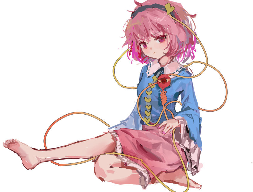 1girl \||/ bare_legs barefoot blue_shirt breasts full_body hair_ornament hairband heart heart_hair_ornament highres komeiji_satori messy_hair nail_polish pink_eyes pink_hair pink_nails pink_skirt reddizen shirt short_hair simple_background sitting skirt small_breasts solo third_eye touhou white_background wide_sleeves