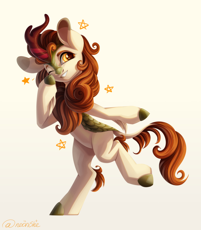 2023 absurd_res asian_mythology autumn_blaze_(mlp) biped chinese_mythology cloven_hooves curled_horn digital_media_(artwork) east_asian_mythology eyebrows female friendship_is_magic fur green_body green_scales hair hasbro hi_res hooves horn kirin leg_tuft long_tail mane my_little_pony mythology neonishe one_eye_closed orange_hair orange_mane red_horn scales semi-anthro smile solo standing tail tail_tuft tan_body tan_fur teeth tuft wink yellow_eyes