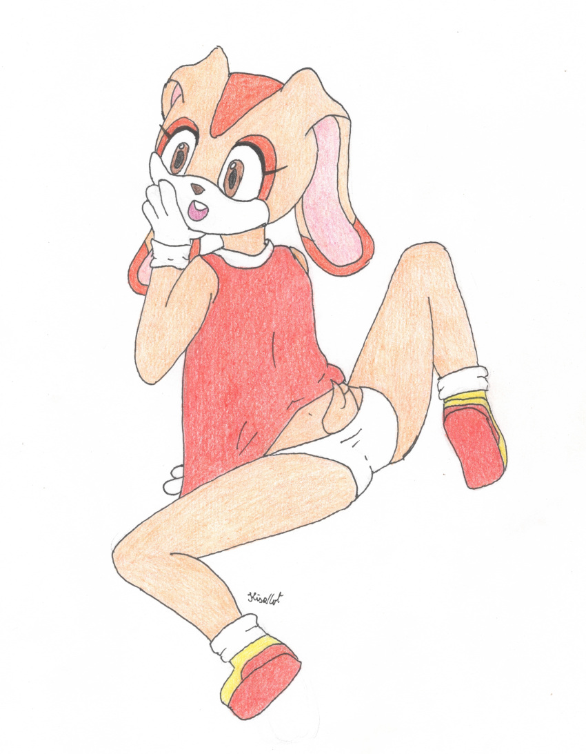 absurd_res anthro brown_eyes clothed clothing cream_the_rabbit eyelashes female footwear fur hi_res kiszkot lagomorph leporid leproid mammal open_mouth panties rabbit rabbit_ears rear_view sega shoes signature simple_background solo sonic_the_hedgehog_(series) tail underwear white_body white_fur young