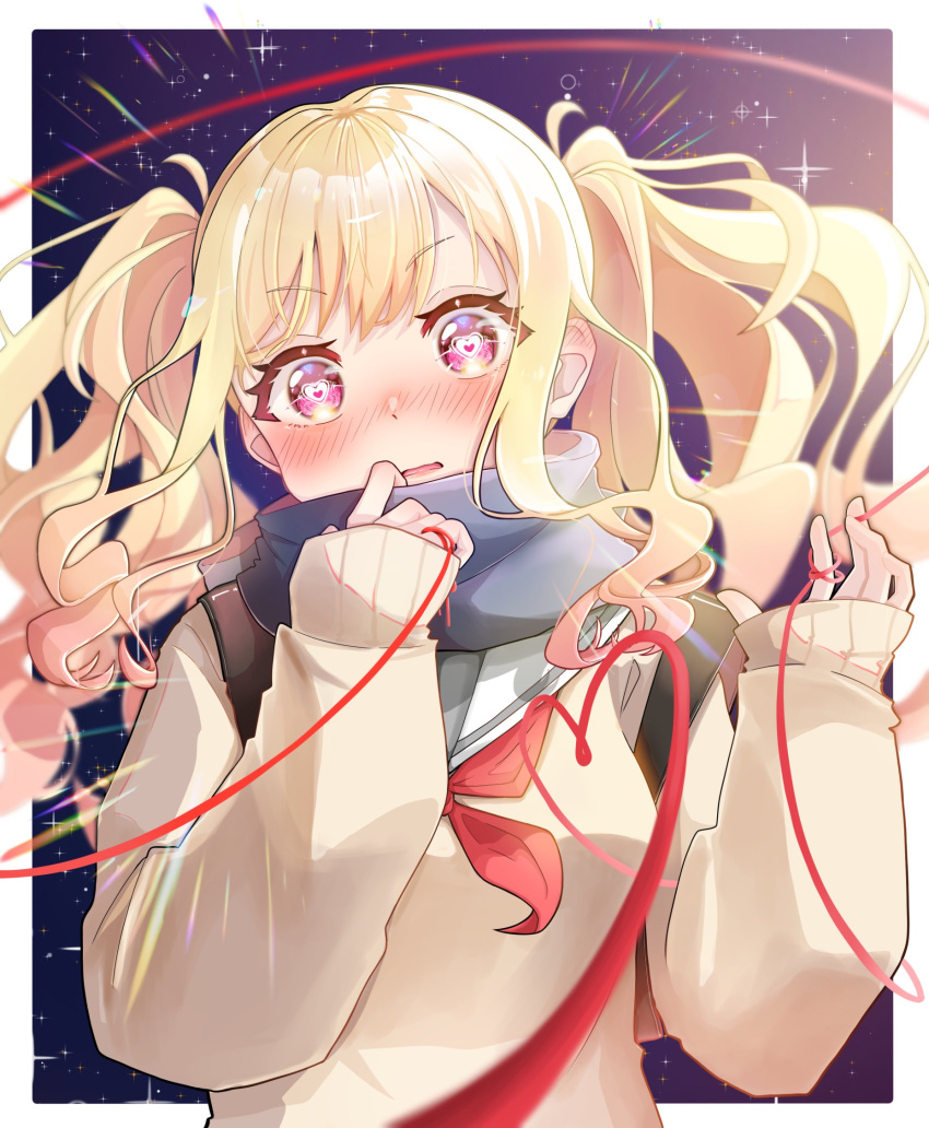 1girl blonde_hair bloom blush border brown_bag curly_hair gradient_hair grey_scarf heart heart-shaped_pupils highres hosupi looking_at_viewer multicolored_hair neckerchief outside_border parted_lips pink_eyes pink_hair project_sekai red_neckerchief sailor_collar scarf sidelocks sleeves_past_wrists solo starry_background string string_around_finger string_of_fate sunburst sweater swept_bangs symbol-shaped_pupils tenma_saki twintails upper_body white_border white_sailor_collar yellow_sweater