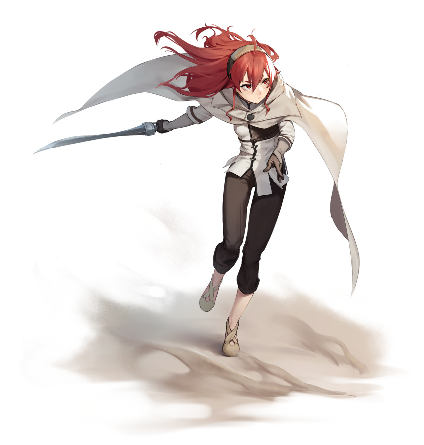 1girl ahoge beeeeen black_gloves black_pants cape eris_greyrat floating_hair full_body gloves grey_cape hair_between_eyes headband highres holding holding_sword holding_weapon long_hair long_sleeves mushoku_tensei pants red_eyes red_hair solo sword weapon