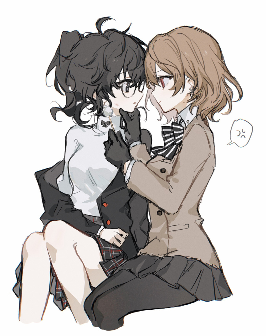 2girls absurdres akechi_gorou amamiya_ren anger_vein black_gloves black_hair black_jacket black_pantyhose black_skirt bow bowtie breasts brown_hair brown_jacket closed_mouth collared_shirt cropped_legs genderswap genderswap_(mtf) gloves hair_between_eyes highres jacket long_sleeves multiple_girls off_shoulder open_clothes open_jacket pantyhose parted_lips persona persona_5 plaid plaid_skirt pleated_skirt ponytail red_eyes sakurabakoko school_uniform shirt shuujin_academy_school_uniform simple_background sitting skirt spoken_anger_vein white_background white_shirt yuri