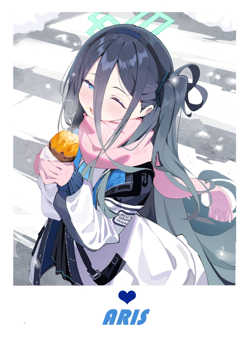 1girl absurdly_long_hair absurdres aris_(blue_archive) black_hair blue_archive blue_eyes blush etoile food fringe_trim green_halo halo highres holding holding_food jacket japanese_clothes long_hair one_eye_closed open_clothes open_jacket open_mouth pink_scarf scarf smile solo sweet_potato very_long_hair white_jacket
