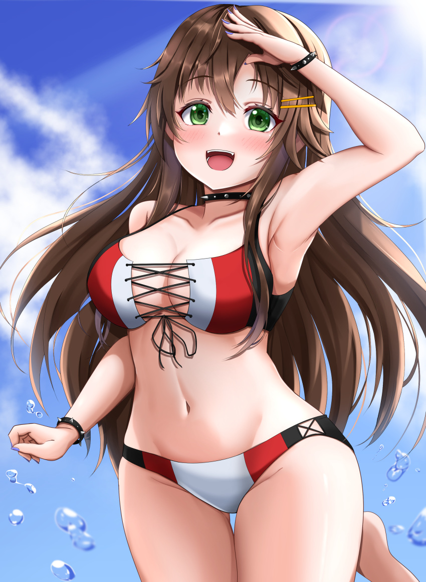 1girl absurdres bikini blue_nails blue_sky bracelet breasts brown_hair cleavage cloud commentary_request cowboy_shot front-tie_bikini_top front-tie_top green_eyes hachi7515 hair_ornament hairclip highres himekawa_yuki idolmaster idolmaster_cinderella_girls jewelry large_breasts long_hair multicolored_bikini multicolored_clothes nail_polish sky smile solo swimsuit thigh_gap