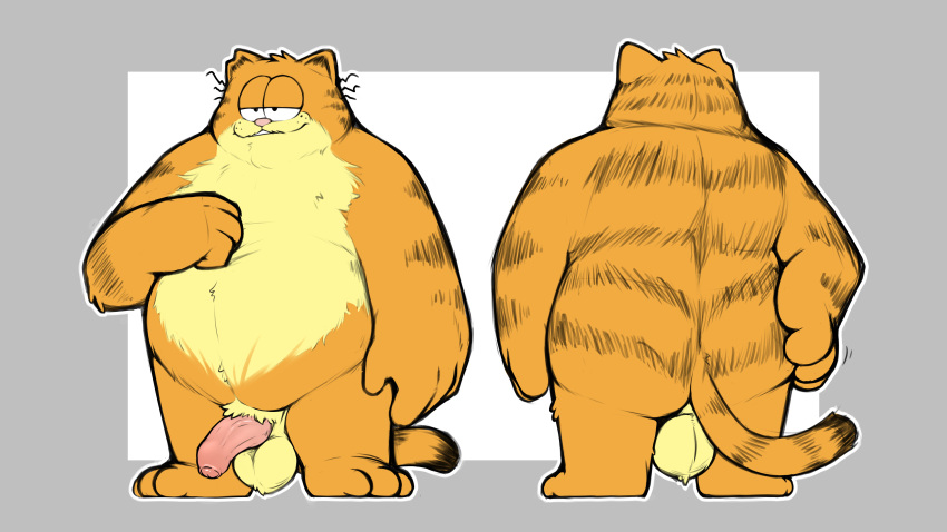 16:9 2023 4k absurd_res age_difference anthro balls butt denzeltip digital_media_(artwork) domestic_cat father_(lore) felid feline felis foreskin fur garfield_(series) genitals hair hi_res male mammal older_male overweight overweight_anthro overweight_male parent_(lore) penis scratching_belly scratching_butt simple_background smile solo tail vic_(garfield) widescreen