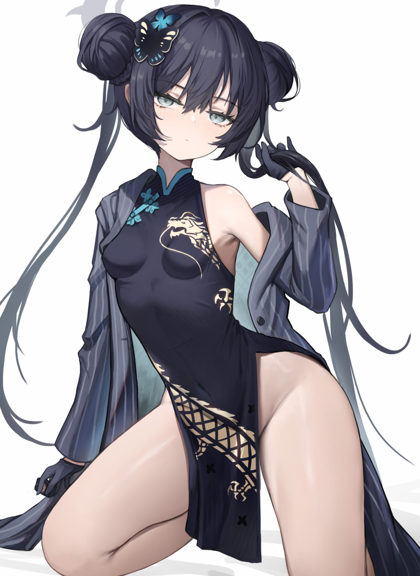 1girl absurdres aer7o black_dress black_gloves black_hair blue_archive blush breasts butterfly_hair_ornament china_dress chinese_clothes closed_mouth coat double_bun dress gloves grey_eyes hair_between_eyes hair_bun hair_ornament halo highres holding holding_hair kisaki_(blue_archive) long_hair long_sleeves looking_at_viewer open_clothes open_coat pelvic_curtain side_slit simple_background small_breasts solo twintails very_long_hair white_background