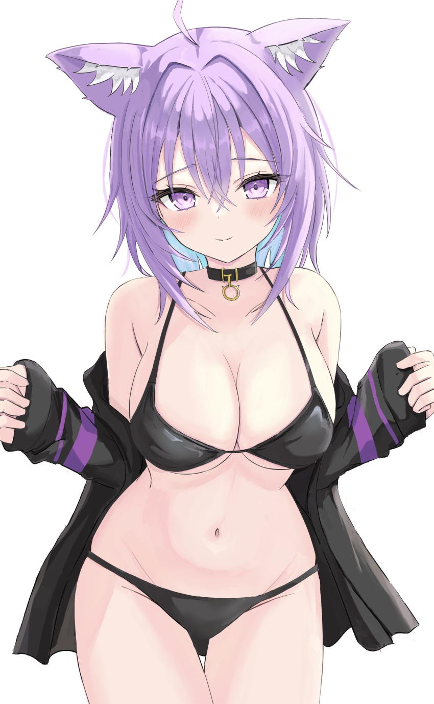 1girl absurdres ahoge animal_ears bikini black_bikini blush cat_ears cat_girl choker clothes_lift commentary hair_between_eyes highres hololive jacket long_sleeves looking_at_viewer navel nekomata_okayu purple_eyes purple_hair simple_background smile solo swimsuit tamamorh white_background